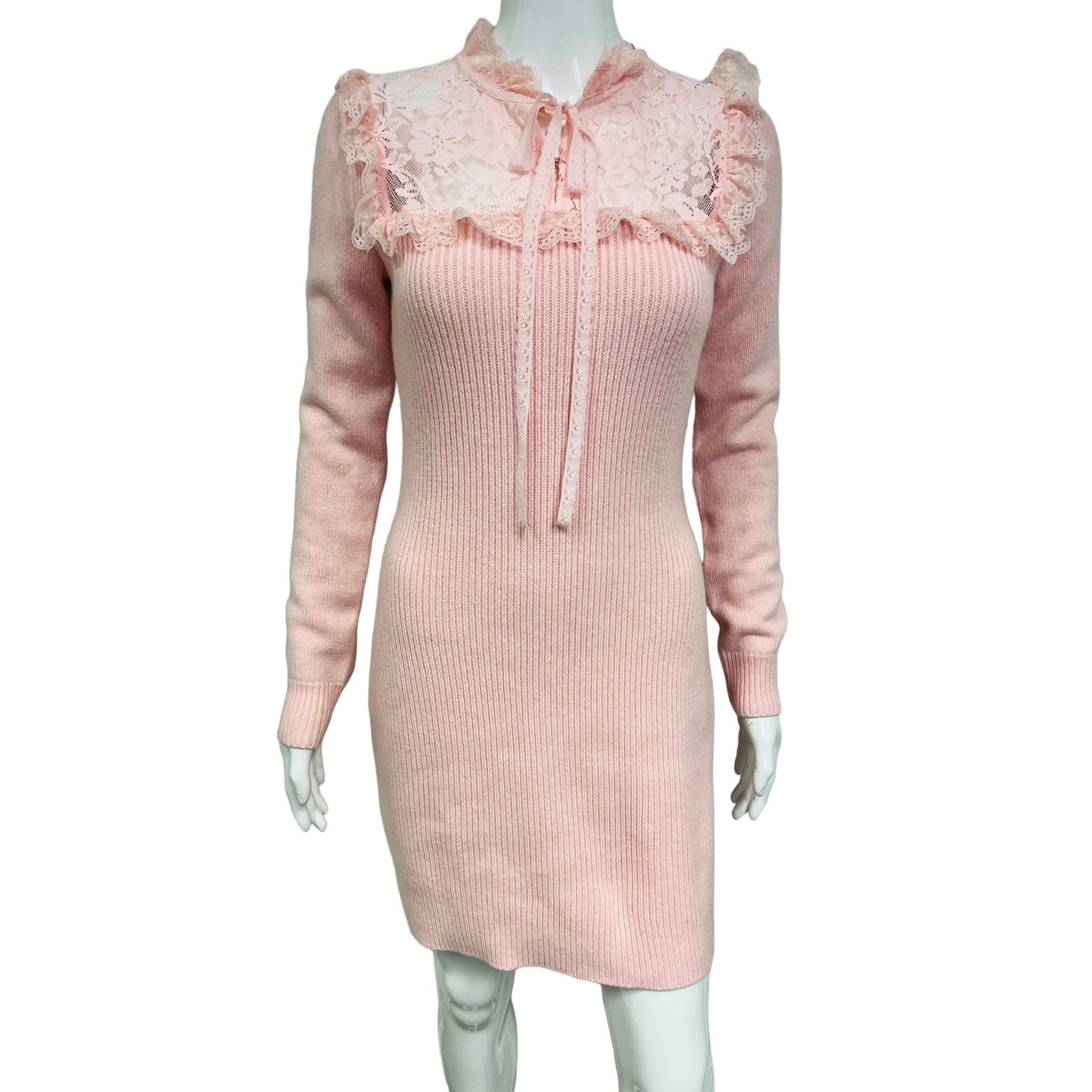 Loveshackfancy Pink Ribbed Knit Bellini Ruffle Lace Sweater Mini Dress M